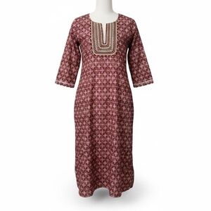 Varanga Red Gold Embroidered Kurta Tunic Dress M Boho Ethnic Festival